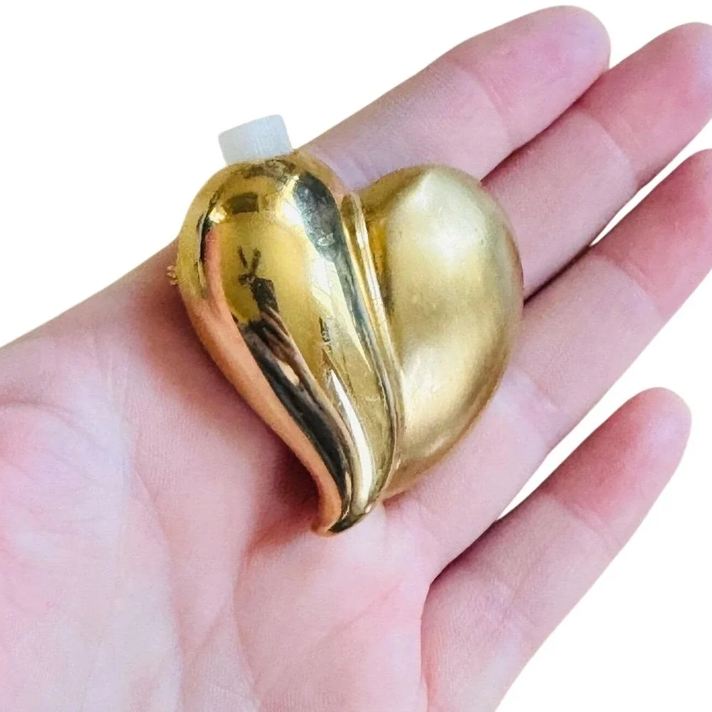 VTG Givenchy Puffy Heart Brooch Pin Perfume Holder‎ Satin Gold Chunky Iconic 90s